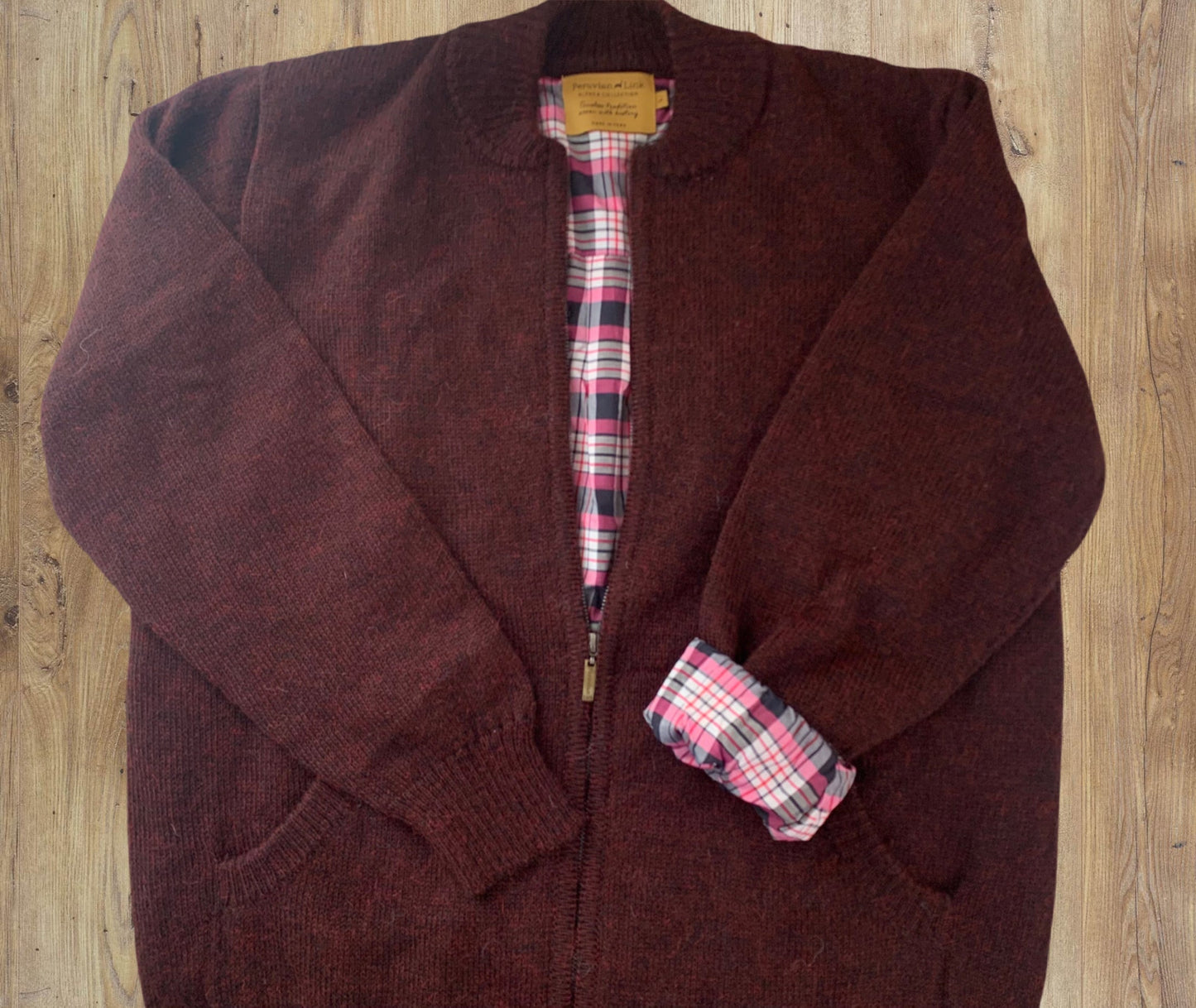 Plaid Lined Solid Full Zip Sweater