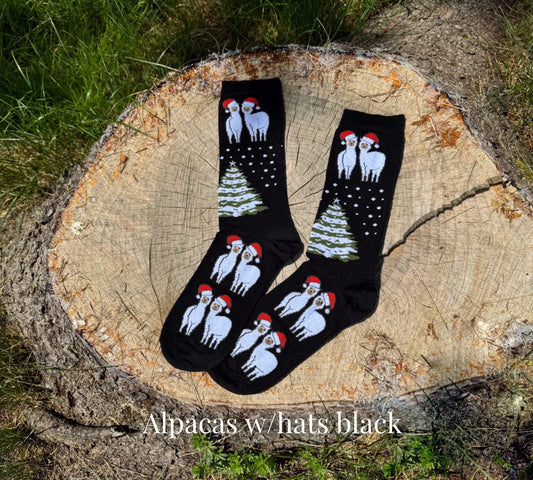 Christmas Print Alpaca Crew Sock Alpacas with Hats