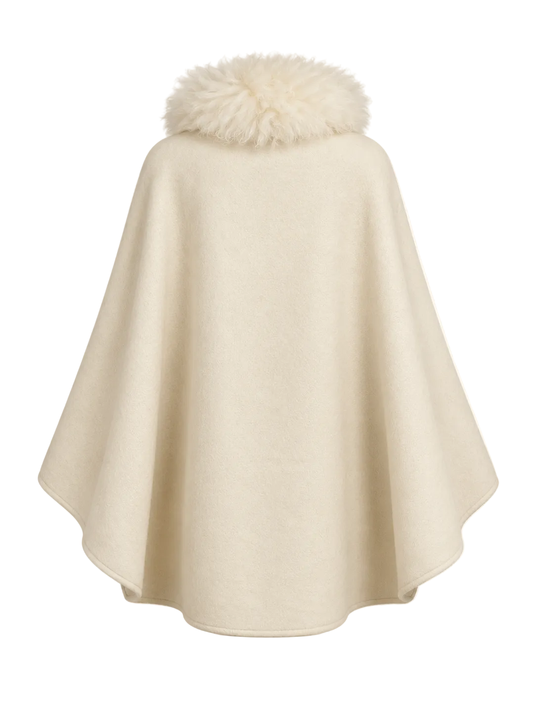 A cream-colored cape with a fluffy Alpaca -fur trimmed collar, shown from the back on a solid off-white background.