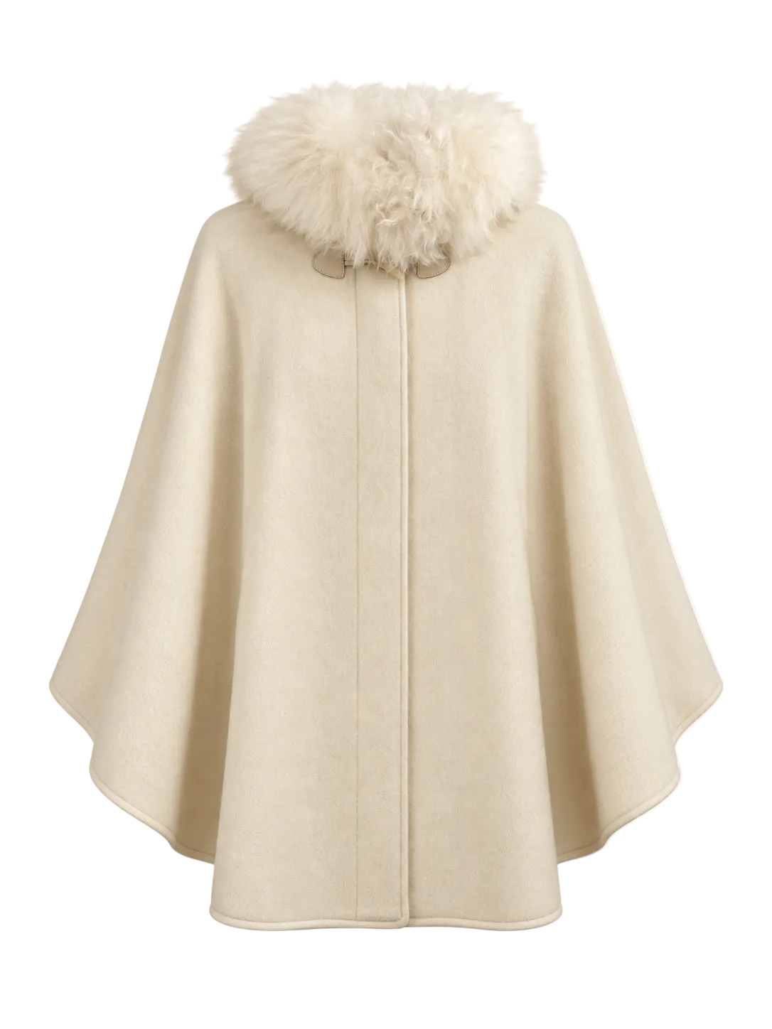 A cream-colored cape with a fluffy Alpaca-fur trimmed collar, shown against a solid off-white background.
