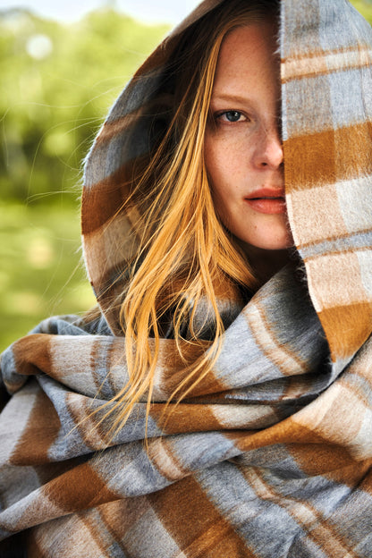 Toffee and Serene Blue Baby Alpaca Tartan Throw