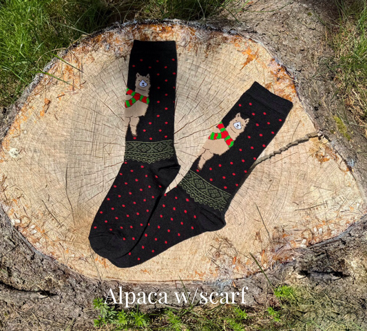 Christmas Print Alpaca Crew Sock Alpaca with Scarf