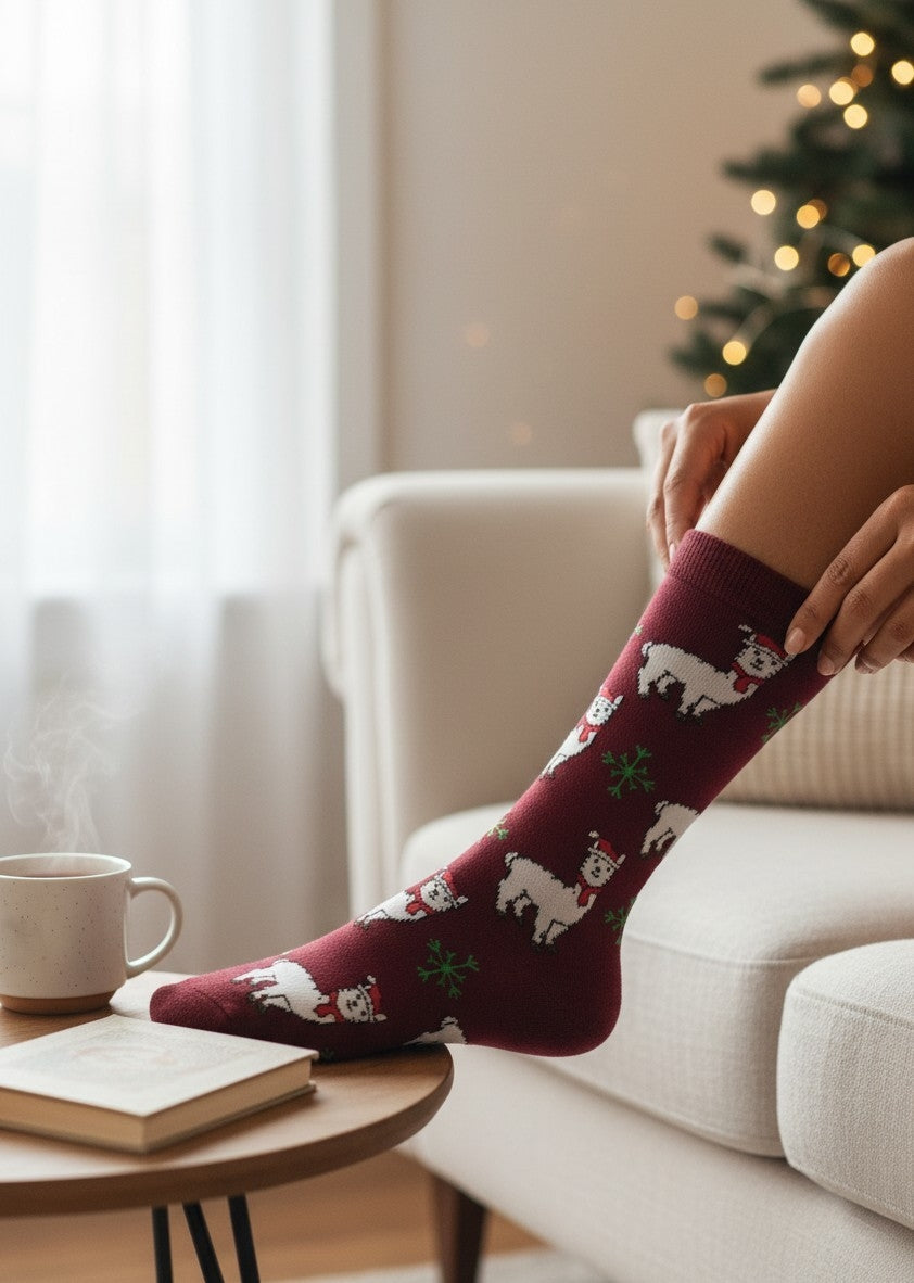Christmas alpaca crew socks with alpacas in hats