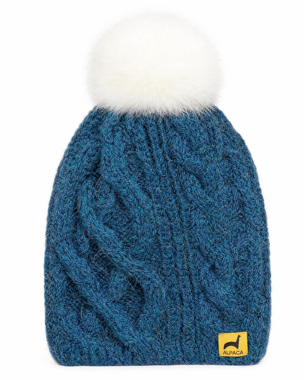 Pom Cable Hat — Teal — teal alpaca by Peruvian Link