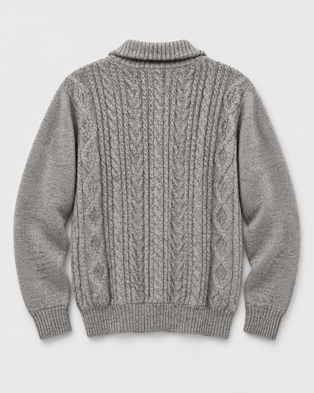 A light gray cable-knit sweater with a mock neck collar, shown from the back on a clean, light gray background.