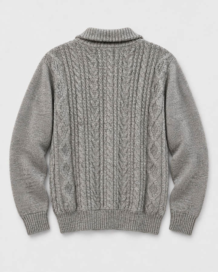 A light gray cable-knit sweater with a mock neck collar, shown from the back on a clean, light gray background.