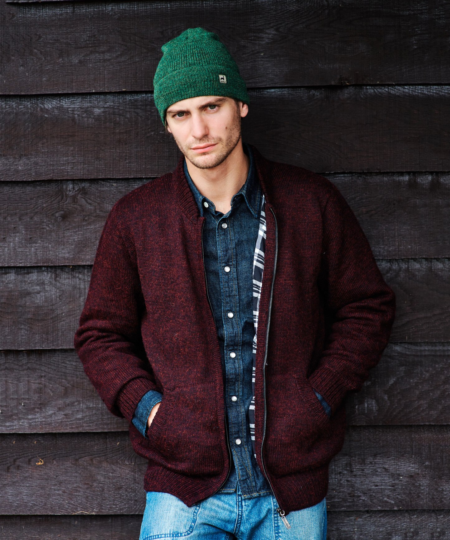 Plaid Lined Solid Full Zip Sweater