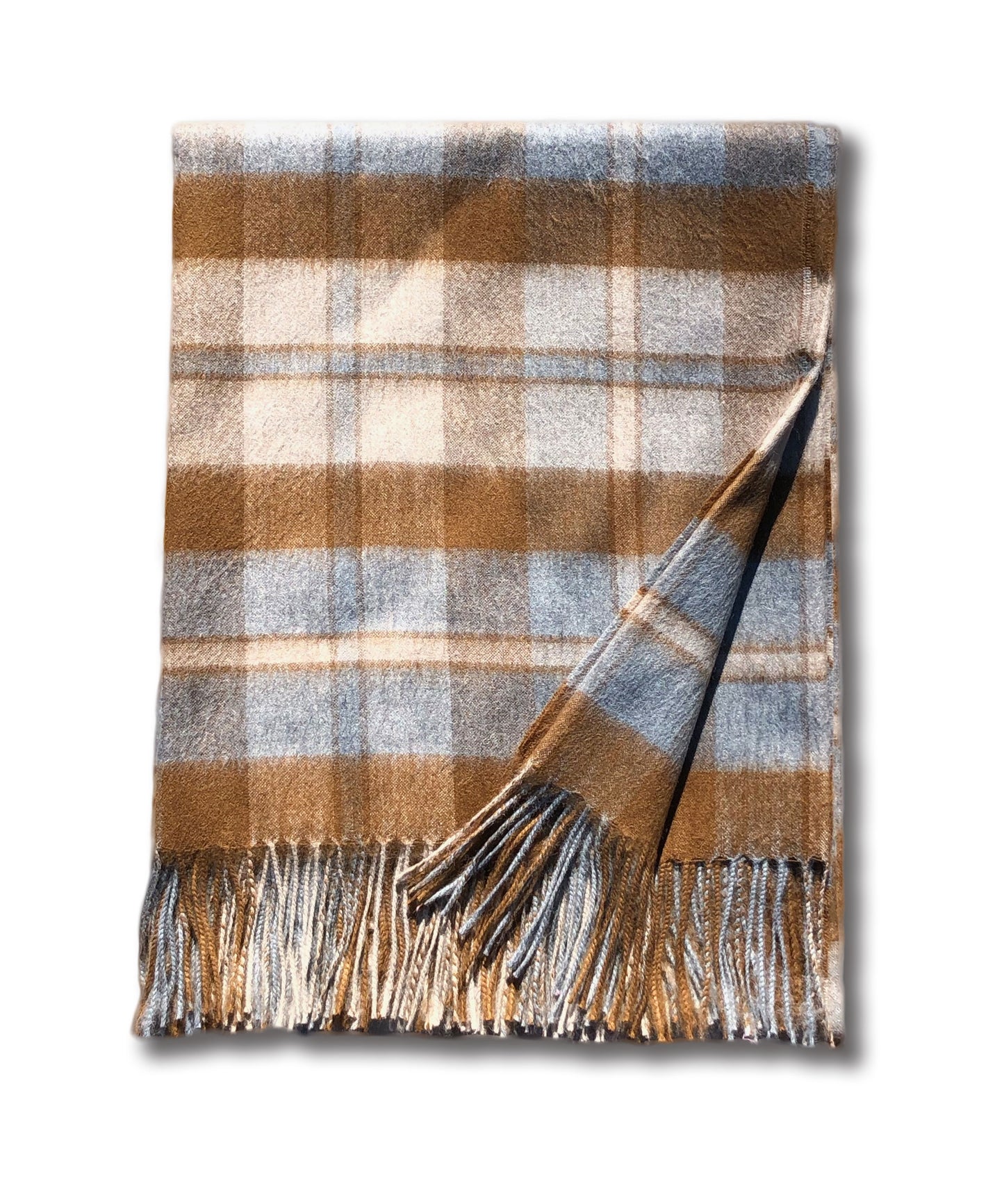 Toffee and Serene Blue Baby Alpaca Tartan Throw