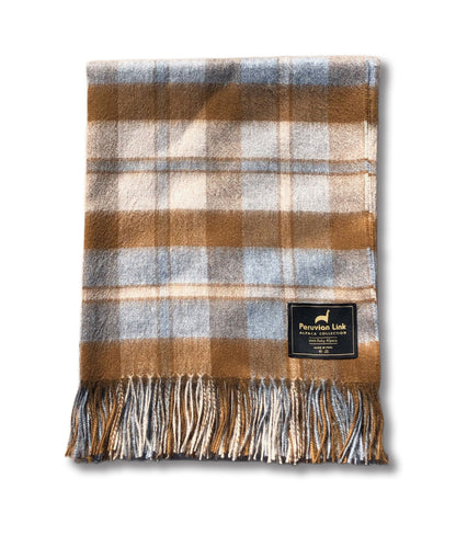 Toffee and Serene Blue Baby Alpaca Tartan Throw